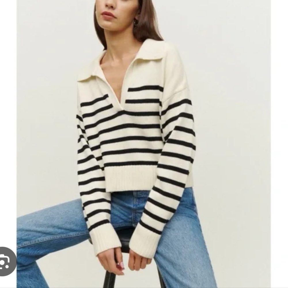 Reformation Cream and Black Striped V-Neck Sweater